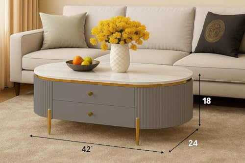 Image of WOODEN SPACE Premium Moderno Marble-Top Coffee Table with Storage Drawer & PVD Coated Iron Legs | Oval Wooden Center Table for Living Room & Entryway (Grey)