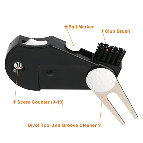 Cosmos 2 Pack Golf Multi-Tool Foldable 5 in 1 Golf Tool with Divot Tool, Stroke Score Counter, Ball Marker, Golf Club Brush and Groove Cleaner, Portable Golf Accessories Tool with Clip
