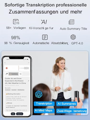 64GB magnetischer KI-Sprachrekorder mit App-Steuerung, Rauschunterdrückung, Spracherkennung, Zusammenfassung & Mindmapping – 58 Sprachen, ideal für Interviews, Vorträge & Meetings
