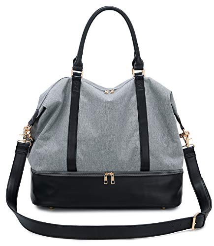 Womens Travel Weekend Bag Canvas Overnight Carry on Shoulder Duffel Beach Tote Bag (Grey with shoe compartment)