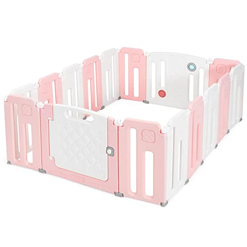 Image of Costzon Baby Playpen, 16-Panel Extra Large Playpen for Babies and Toddlers, Foldable Activity Play Center with Safety Gate, Whiteboard, Indoor and Outdoor Baby Fence NO Gaps for Boys Girls