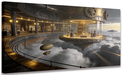 Steampunk Airship Framed Canvas Wall Art, Floating Carousel Sky City Print, Retro Futuristic Industrial Decor 12x24in Large frame wall art
