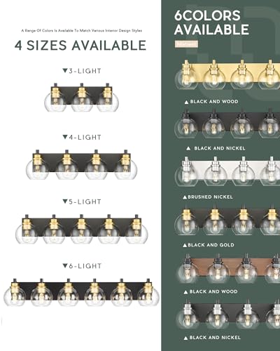 Image of Bathroom Light Fixtures, 5-Light Black and Gold Bathroom Vanity Light, 32 Inch Modern Wall Sconces with Globe Clear Glass Shade, Vanity Lighting Fixtures Over Mirror, VL195-KG-5