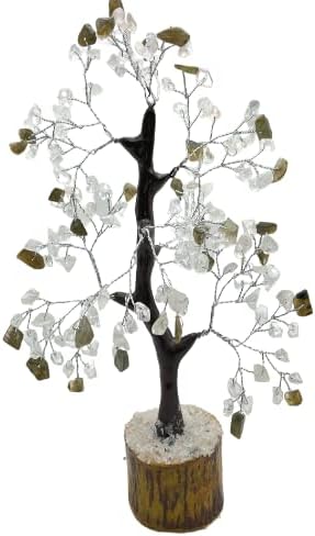 Gemscite Figura de árbol de cuarzo transparente con piedras preciosas de 8 pulgadas, hecha a mano, figura de Feng Shui, bonsái de buena suerte,