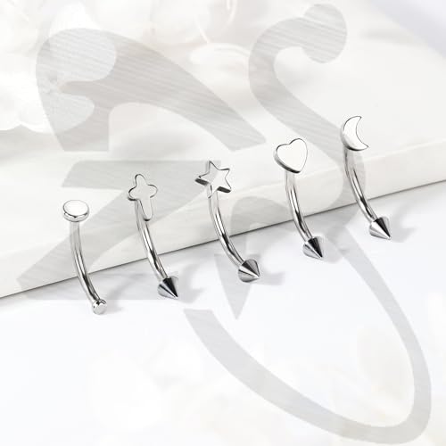ZS 5Pcs Stainless Steel Eyebrow Rings, 16G Curved Belly Rings Navel Barbell Helix Daith Tragus Earrings Spike Vertical Labret Lip Piercing Jewelry4