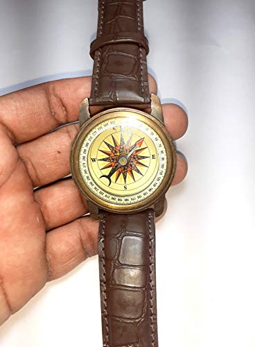 Reloj de pulsera Sundial brújula de bolsillo, reloj de sol, brújula de latón, con correa de piel, reloj de pulsera
