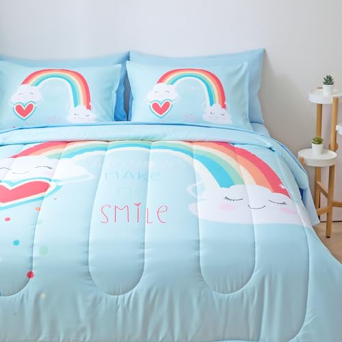 Image of Kids Bedding Twin Set for Girls Boys- Rainbow 5-Piece Comforter Set with Sheets, Pillowcase & Sham, Soft and Cozy