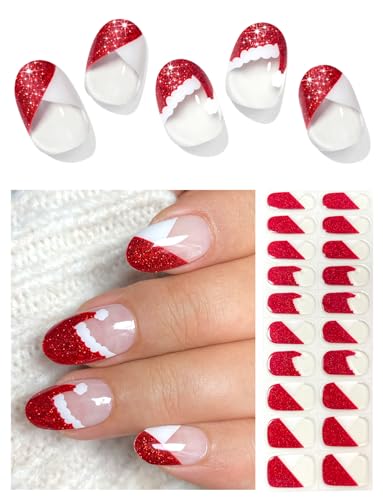 AutyaMee Semi Cured Gel Nail Strips (Santa Hat French) Red Glitter 20 Pcs Christmas Gel Nail Wraps Stickers Works with Any UV Lamps