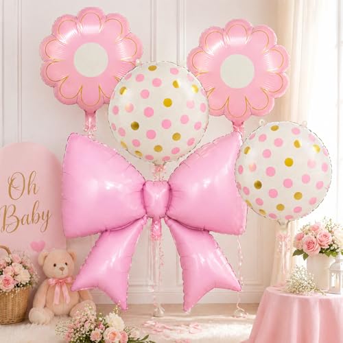 Image of Rozi Decoration Pink Bow Foil Balloon Set with Flower & Printed Round Balloons, 5 Pcs Birthday Decoration Kit for Baby Shower, Girls Party & Pastel Theme Celebration