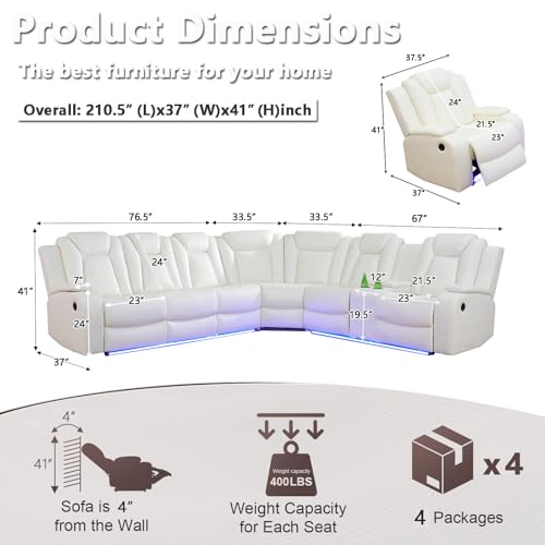 Image of Leather Power Recliner Sectional Sofa Set with LED Lights, L Shaped Reclining Sectional Couch and Chair, Breathing Leather Sofa Set with Coffee Table /USB Port for Living Room