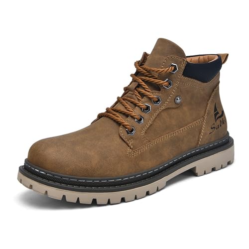 Men's Leather Round Toe High Top Chukka Work Boots Casual Lace Up Chunky Block Heel Lug Sole Non Slip Hiking Ankle Booties For Outdoor Climbing Daily