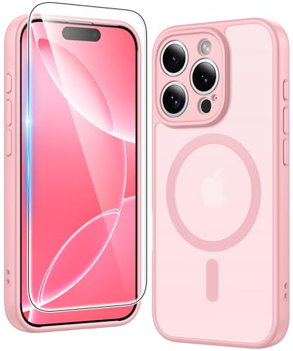 Image of FNTCASE for iPhone 16 Pro-Max Case: Matte Magnetic Phone Cases with Screen Protector Compatible with Magsafe Slim Anti Yellowing Rugged Shockproof Protective Translucent Cell Phone Cover (C-Pink)