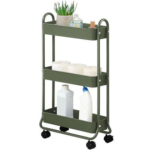 SunnyPoint Slim Rolling Storage Cart 3 Tier Bathroom Storage Organizer Bathroom Laundry Utility Cart (Army)