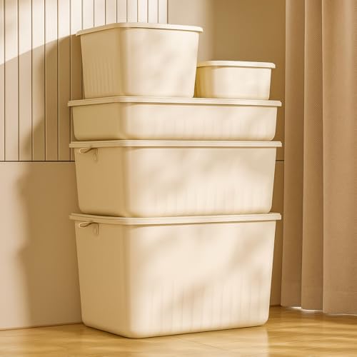Image of HoopVool Multi Purpose Plastic Storage Bins Stackable Organizer Boxes with Lids, Stackable Crates for Home & Kitchen, items like books, clothes, snacks, toys. (All Size Combo, All Size)