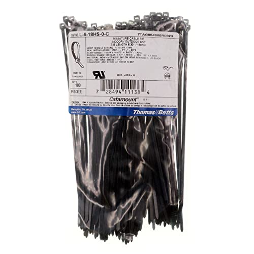 Thomas & Betts L-6-18HS-0-C Mini Cable Tie, Indoor/Outdoor, UV Black Nylon, 6.3-Inch (100-Pack)