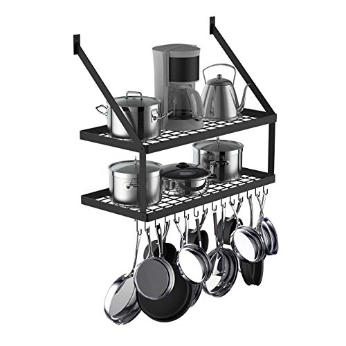 Hoooh Square Grid Wall Mount Pot Rack With 2-Tier 15 Hooks, Kitchen Cookware Hanging Organizer Storage Shelf, 29.5 By 13.7-Inch Black, Kpr300B-Bk #TOP1