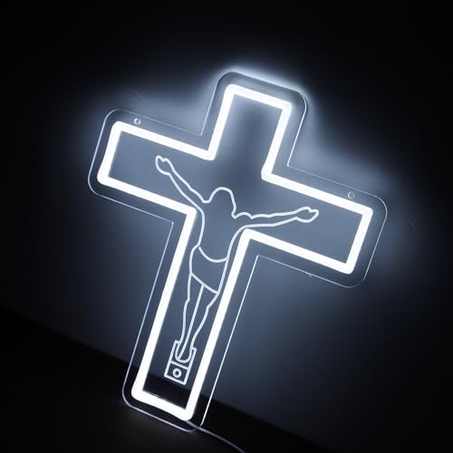Image of Jesus Saves Crucifix Neon Signs Dimmable Cross Neon Llight Christian Easter wall decor for Home, Sacred Spaces, Prayer Rooms Gift Art-14.5 x 12.2IN-USB Powered-Acrylic
