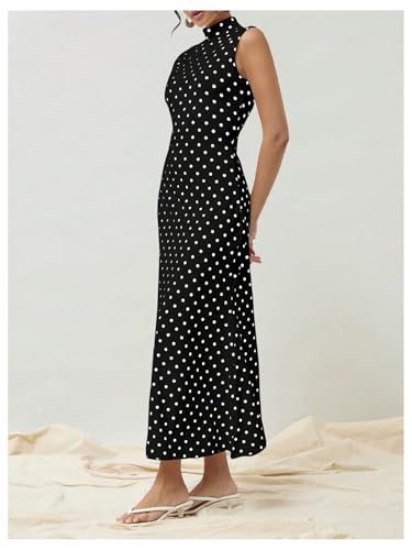 Milumia Women's Polka Dots Maxi Tank Dress Vintage Mock Neck Sleeveless Elegant Long Dresses3