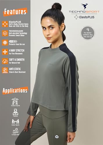 Image of TECHNOSPORT Womens Polyester Crew Neck Slim Fit Color Blocked Crop Sweatshirt Quick Dry & Antimicrobial