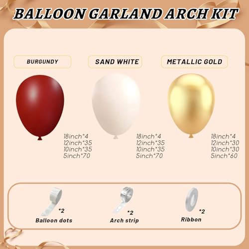 Image of Burgundy Balloon Garland Arch Kit,412Pcs Burgundy and Sand White Metallic Gold Balloons for Wedding Bridal Shower Birthday Wine Anniversary Engagement Party Graduation Decorations