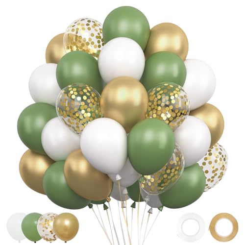 Set Palloncini Compleanno Verde Salvia Bianchi e Oro - 62 Pezzi 12 Pollici Addobbi Party Palloncini Bianchi Verdi Oro Elio per Decorazioni Compleanno,Baby Shower,Decorazioni Battesimo Bimbo,Matrimonio