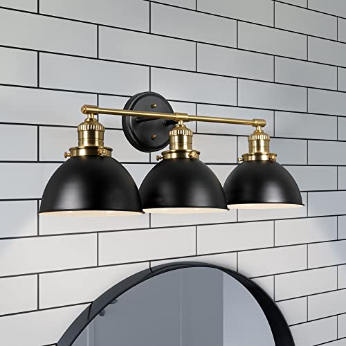 Image of Design House Savannah Rustic Farmhouse 3-Light Bathroom Vanity Light, Dimmable, Satin Gold, Matte Black Metal Shade, 26 in x 9 in x 10.88 in, 588301-BGD