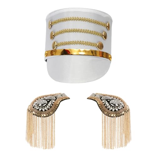 Zaldita Majorette Drum Major Hat Marching Band Hat with Tassel Epaulet Clothing Accessory for Themed Party White B One Size