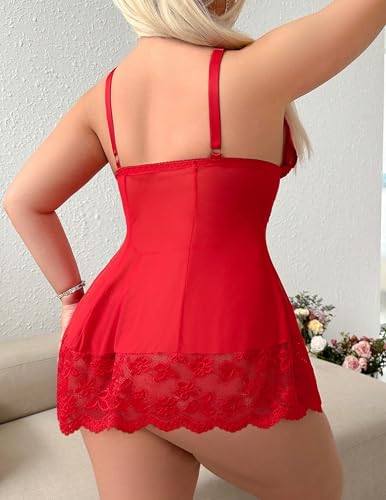 Image of Alrovetoney Women Plus Size Babydoll Lingerie Lace Chemise Mesh Sleepwear Strappy Sexy Nightgown Boudoir Outfit L-4XL