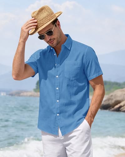 Image of J.VER Mens Linen Shirt Short Sleeve Button Down Casual Summer Shirts | Cotton Linen, Untucked, Big Tall, from Beach Camp Vacation, Cruise Fishing, Work Office, to Wedding Party Family, with Pocket