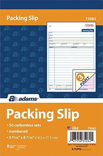 Adams Packing Slip Book, 3-Part, Carbonless, 5-9/16 x 7-5/16 Inches, 50 Sets per Pad (T5082) White/Canary/Pink