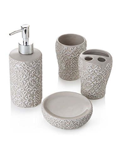 Set da Bagno 4 Pezzi, Portasapone, dispencer, bicchiere e Portaspazzolino in Ceramica Tortora Decorata