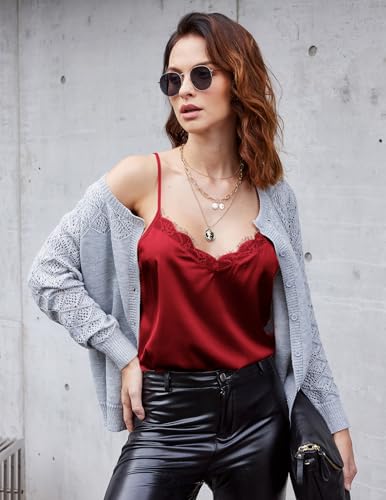 Image of Ekouaer Women's Satin Camisole Lace Silk Satin Pajama Tank Tops V Neck Soft Spaghetti Strap Loose Sleepwear Wine Red XXL