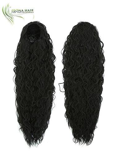 Long Ponytail Extension Hairpiece WAVY/CURLY Hair 15.5-20" Drawstring 14 Colors Black Brown Blonde Mix Ombre for Black and White Woman Synthetic Hair Natural Looking Heat Resistant Hair (1B)