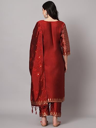Image of VredeVogel Women's Cotton Silk Jacquard Kurta Pant Set with Banarasi Silk Dupatta