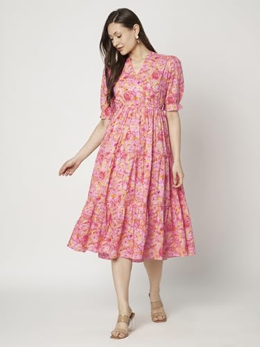 Image of PIDAVLIYA'S Women's Floral Summer Maxi Dress I Cotton Printed I One Piece Bodycon Midi Dress with V-Neck, Puffed Sleeves