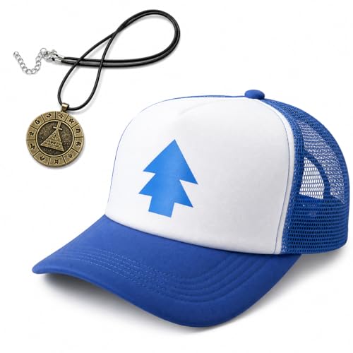 EIKOU Gravity Falls Meshback Hat Blue Dipper's Hat Pine Embroidered Baseball Cap with Mystery Pendant Adjustable Costume Hat for Teens and Adults Halloween Party