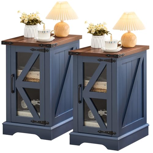Joaxswe Farmhouse 14 Side End Table Set of 2 Narrow Night Stand with Glass Barn Door Storage Bedside Tables Nightstand Cabinet Organizer for Small Spaces Living Room Bedroom