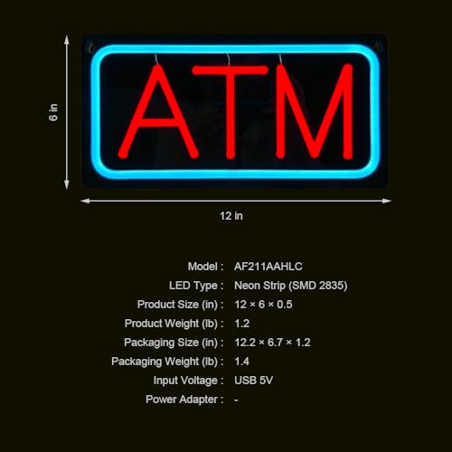 Image of ATM LED Neon Sign, 12 inchx6 inch, USB Powered with 9 Brightness Levels, Business Signboards for Bank Supermarket Convenience, Easy to Install, Ideal for Shop Wall Window Decoration (Red, Black Acrylic)