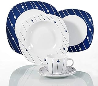 VEWEET 'Fiona' 30-Piece Dinner Set Ivory White Black Lines Porcelain China Ceramic Combination Sets with Dessert Plates/Soup Plates/Dinner Plates/Cups/Saucers, Service for 6