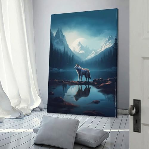 Peinture loup dans un lac pour décoration murale de cuisine et salon