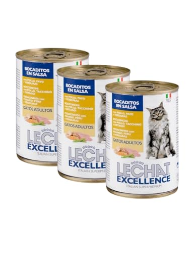 Lechat Excellence Bocaditos en Salsa para Gatos Adultos con Pollo, Pavo y Verduras, Pack 3 Latas de 400g