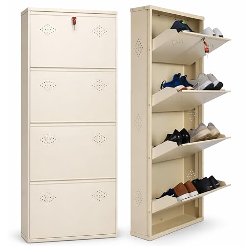Image of Wall Mounted Shoe Rack - 4 Door, Metal Shoe Rack Cabinet with Doors | Covered & Dustproof | Space Saving Shoe Organizer for Home & Balcony (52 x 21 x 6 Inch, Ivory)