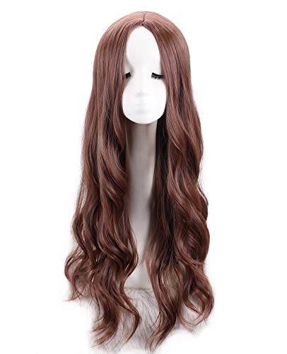 Women's Fashion Long Curly Dark Brown Middle Part Water Wave Synthetic Hair Wigs Cosplay Halloween Wig