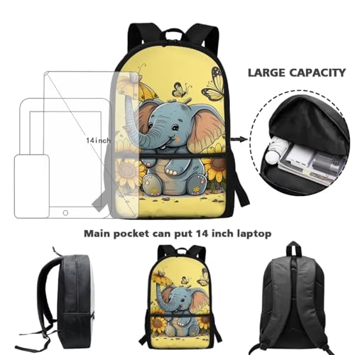 Elephant Kids Backpack With Lunch Box for Girls 8-10 10-12 Sunflower Bookbag Elementary School Bag Insulated Lunchbag Pencil Case Cute Book Bags 3Rd-6Th Grade Butterfly Schoolbag3