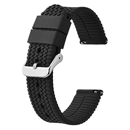 BISONSTRAP Bracelet de Montre en Silicone avec Dégagement Rapide, 22mm Bande de Remplacement, Noir/Boucle Argent Cover