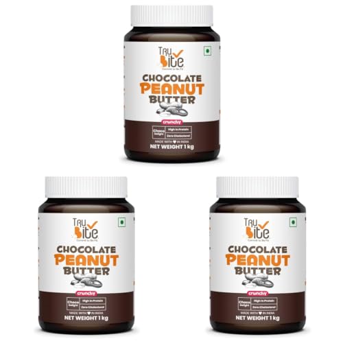 Image of Trubite Chocolate Peanut Butter (Crunchy) 1kg | High in Protein | Goodness of Dark Chocolate | No Cholesterol | Rich in Antioxidant (Pack of 3)