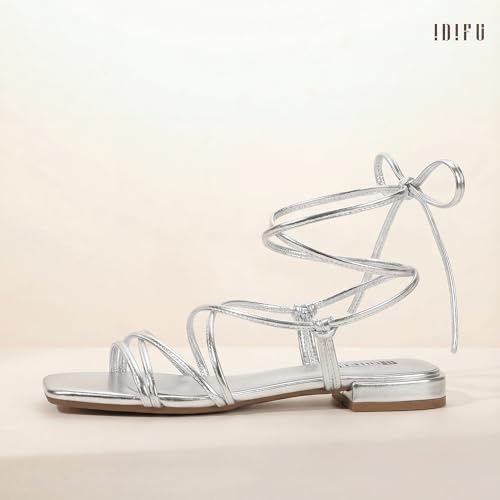Image of IDIFU Strappy Lace Up Flat Sandals for Women Tie Up Square Open Toe Ankle Wrap Straps Dressy Gladiator Summer Beach Wedding Party Ladies Comfortable Cute Casual Dress Sandals