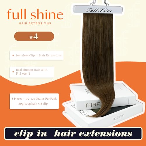 Image of Full Shine Seamless Clip in Hair Extensions Human Hair, Brown 14 Inch 120g | Invisible PU Weft, Medium Brown Clip-Ins, Lightweight, Secure Hold Clips, Invisible Blend, Heat-Styling Friendly, 8 Pcs