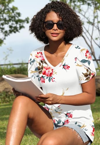 Image of CATHY 2026 Women Tops Summer Short Sleeve Tunic V Neck T-Shirts Loose Casual Floral Blouse S-4XL