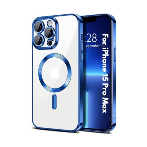 Image of TPU Designed for iPhone 15 Pro Max Luxury Electroplating Case [Magnetic MagSafe] [Integrated Lens Protection] Back Cover Case for iPhone 15 Pro Max (Blue)